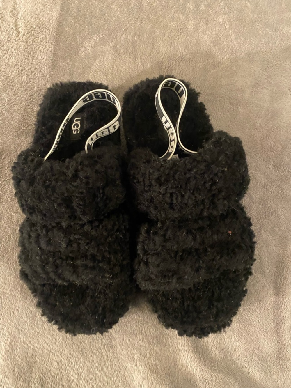 UGG Black Fuzzy Double-Band Slide Sandals with Branded Heel Straps